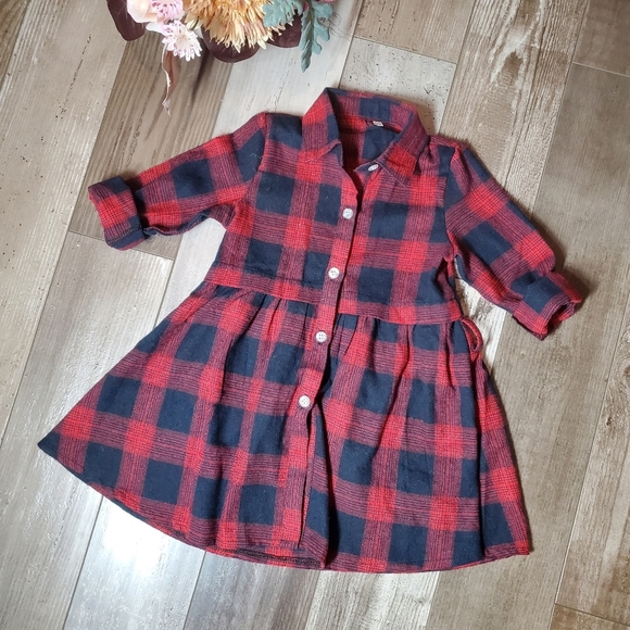 Plaid Toddler Cotton Button Up Dress Size 90 18-24m Red Navy Blue - Picture 3 of 9